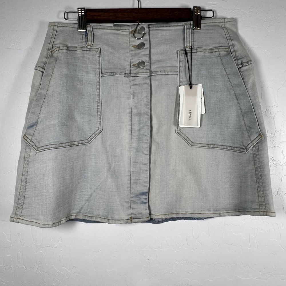 A Loves A Womens High Rise A-Line Denim Mini Skirt Frost Blue Button Front L NEW